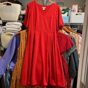 Red pleated midi dress
